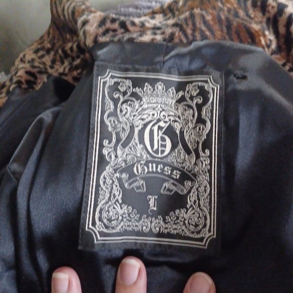 GUESS L Cropped Fur Lined Blazer Jacket Flared 3/4 Sleeve Y2K Retro Animal Print - Picture 14 of 15